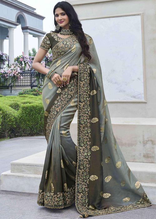 Shaded Grey & Green Woven Work Saree