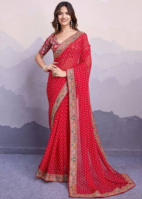 Red Georgette Saree In Bandhej Print