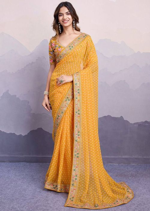 Yellow Saree In Thread Embroidery