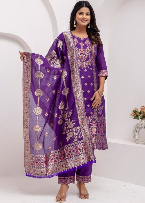 Readymade Purple Woven Jacquard Pant Suit