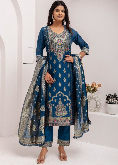Readymade Teal Blue Woven Jacquard Pant Suit