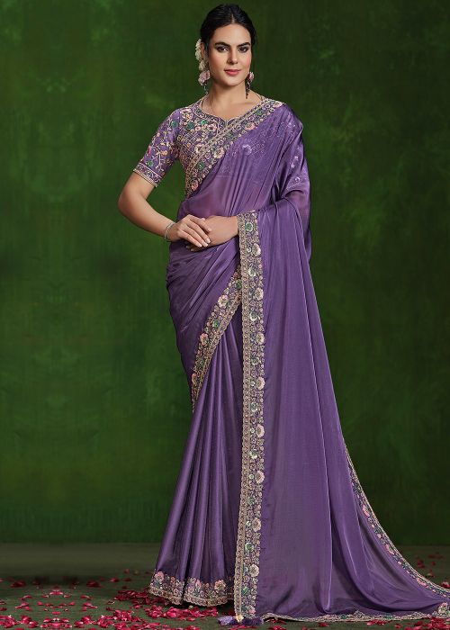 Purple Embroidered Saree In Art Silk