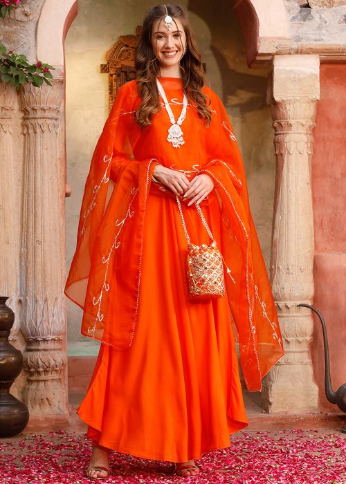 Readymade Orange Embroidered Anarkali Suit