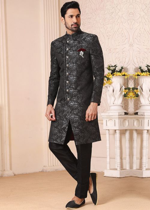 Asymmetric Grey Readymade Sherwani With Woven Work