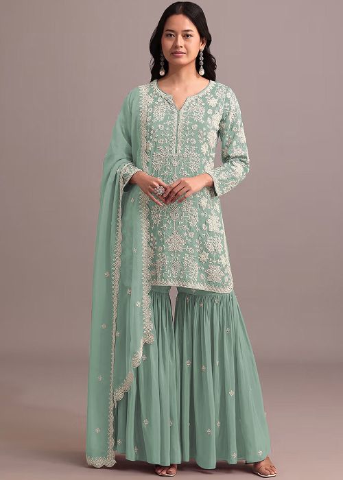 Sea Green Embroidered Gharara Suit Set