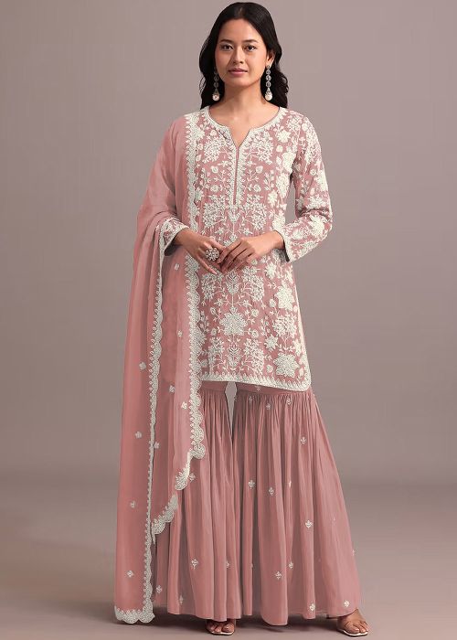 Peach Thread Embroidered Gharara Suit