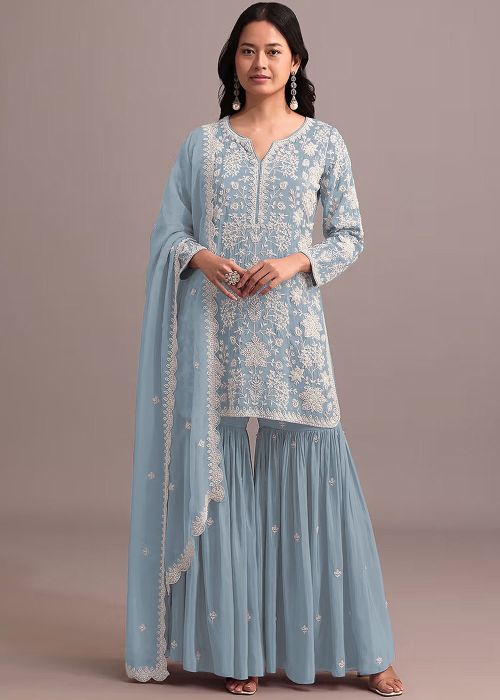 Blue Thread Embroidered Gharara Suit