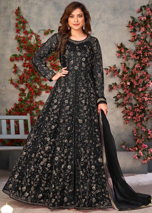 black colour anarkali dress Buy Crepe Mystic Black Anarkali Suit Set Online in India