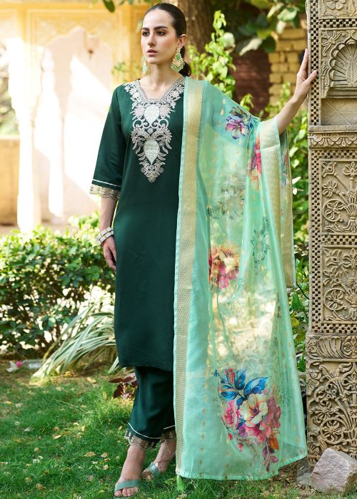 Green Embroidered Viscose Salwar Suit Set