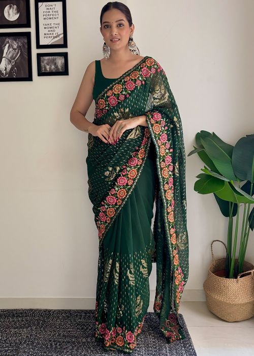 Green Embroidered Georgette Saree With Blouse