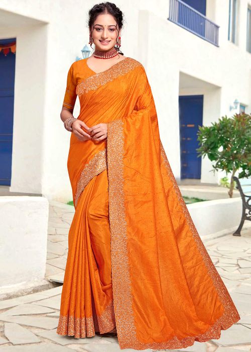 Yellow Embroidered Saree In Art Silk
