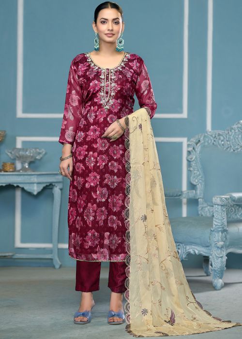 Maroon Floral Print Viscose Pant Suit