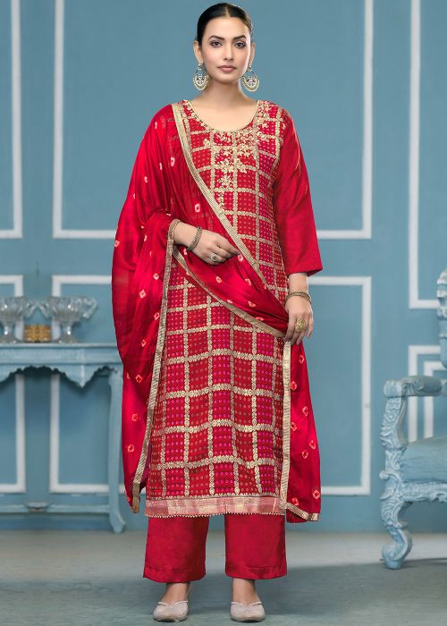 Red Bandhej Print Cotton Silk Pant Suit