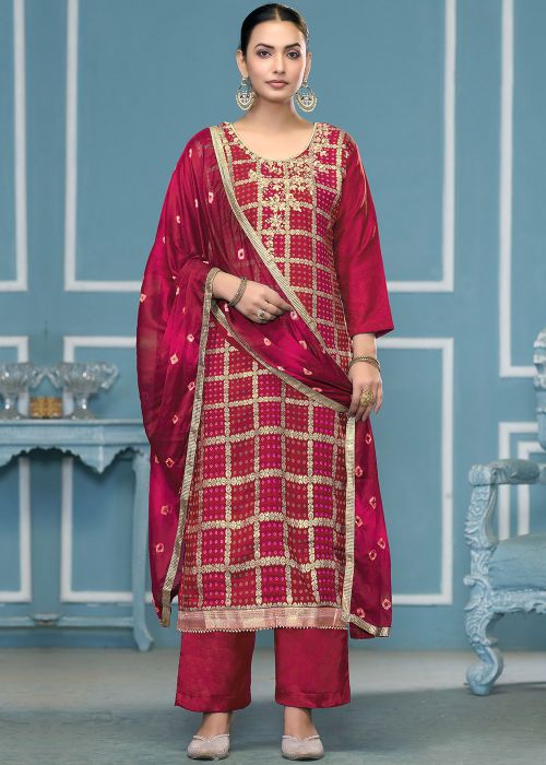 Pink Bandhej Print Cotton Silk Pant Suit