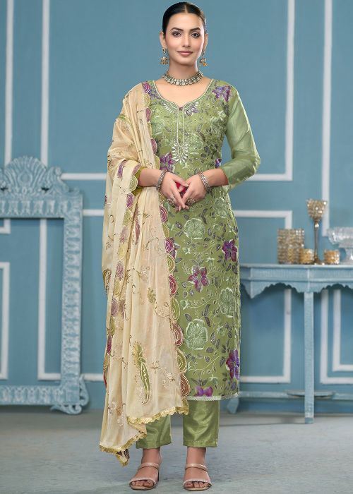 Green Floral Print Viscose Pant Suit Set