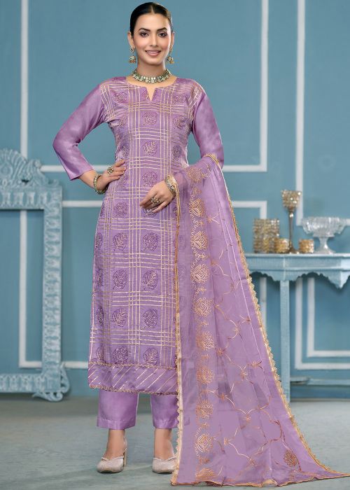 Light Purple Zari Embroidered Pant Suit Set