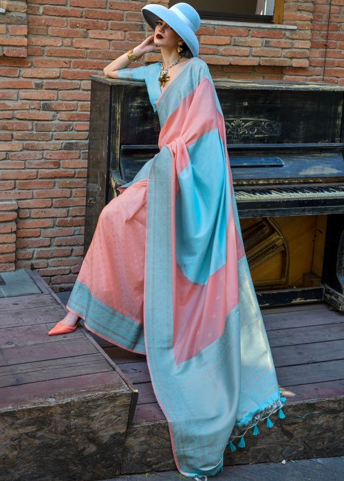 Shaded Peach Art Silk Saree In Woven Work