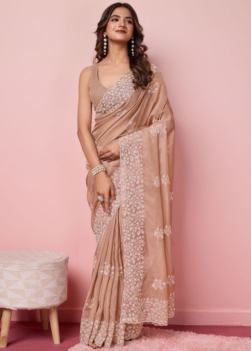 Brown Embroidered Art Silk Saree