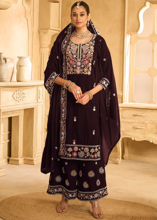Brown Embroidered Velvet Palazzo Style Suit