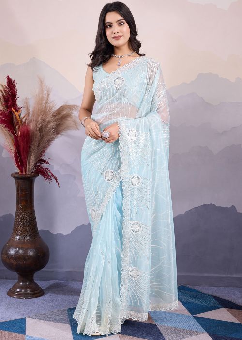 Blue Sequins Embellished Net Saree