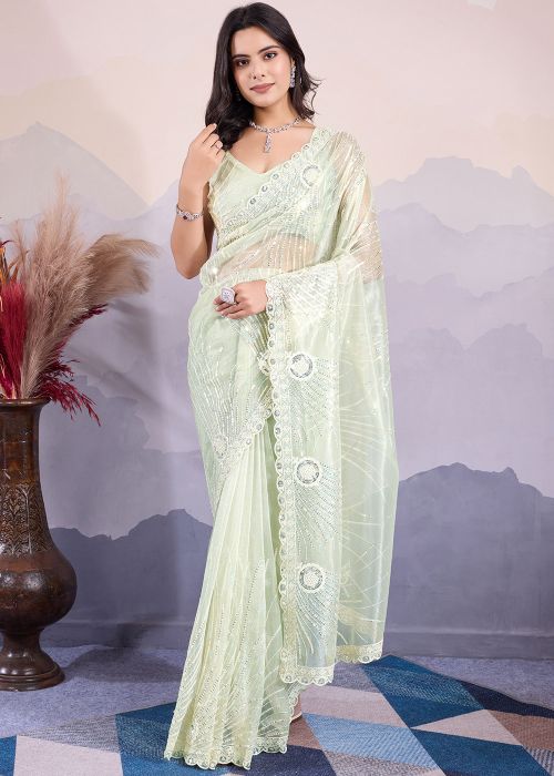 Light Green Sequins Embellished Saree In Net