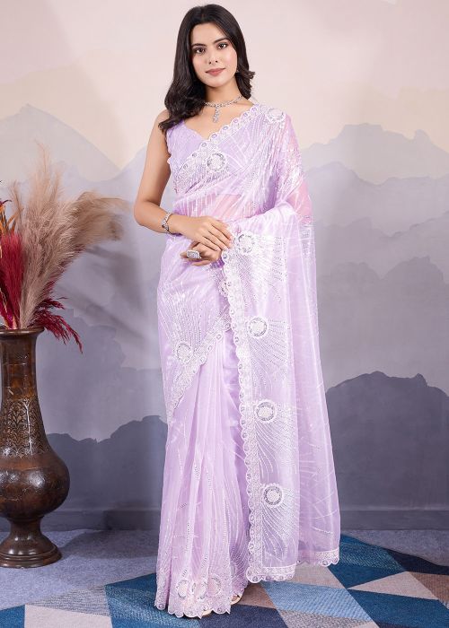 Lavender Embellished Saree In Net
