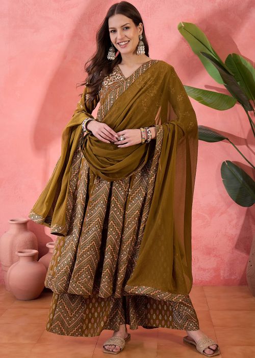 Brown Printed Readymade Palazzo Suit Set