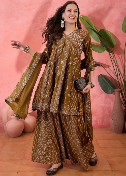 Readymade Brown Printed Palazzo Suit In Art Silk