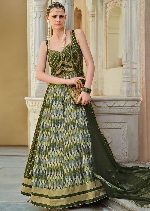 Readymade Green Printed Silk Anarkali Suit