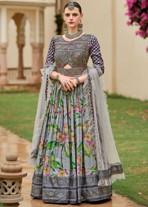 Grey Readymade Floral Print Anarkali Suit
