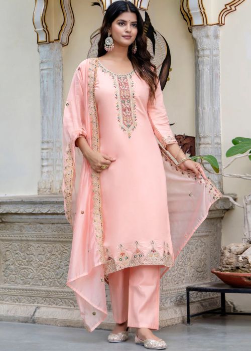 Pink Embroidered Salwar Suit Set In Silk