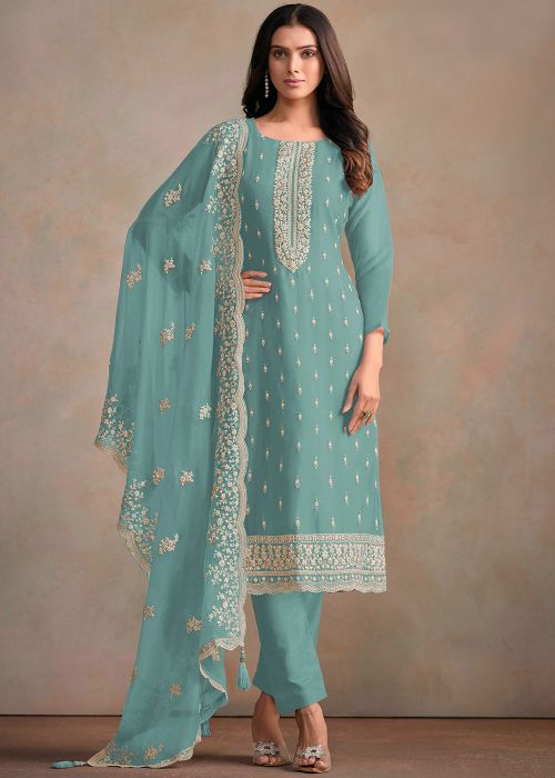 Blue Embroidered Organza Pant Suit With Dupatta