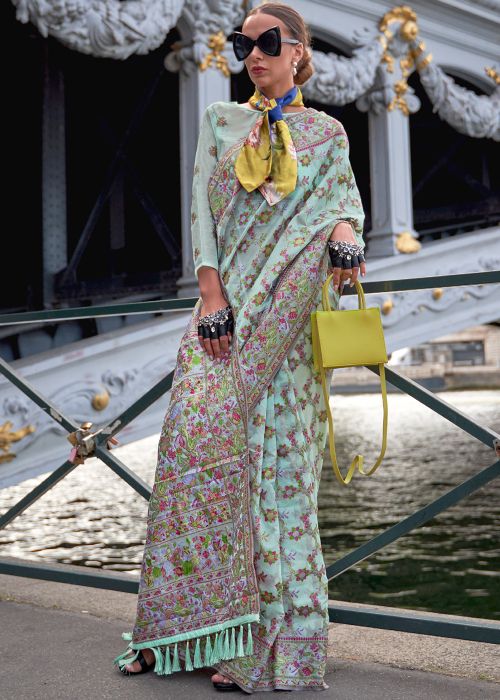 Turquoise Organza Saree In Woven Work
