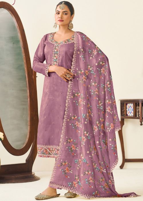 Purple Embroidered Salwar Suit Set In Silk