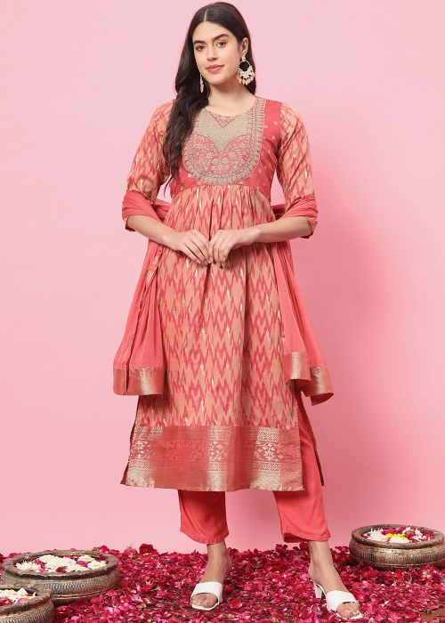 Readymade Peach Printed Straight Pant Suit
