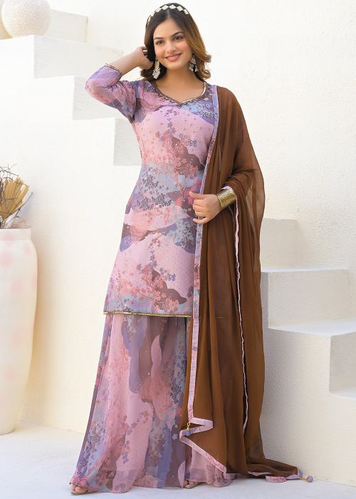 Purple Embroidered Georgette Salwar Suit Set