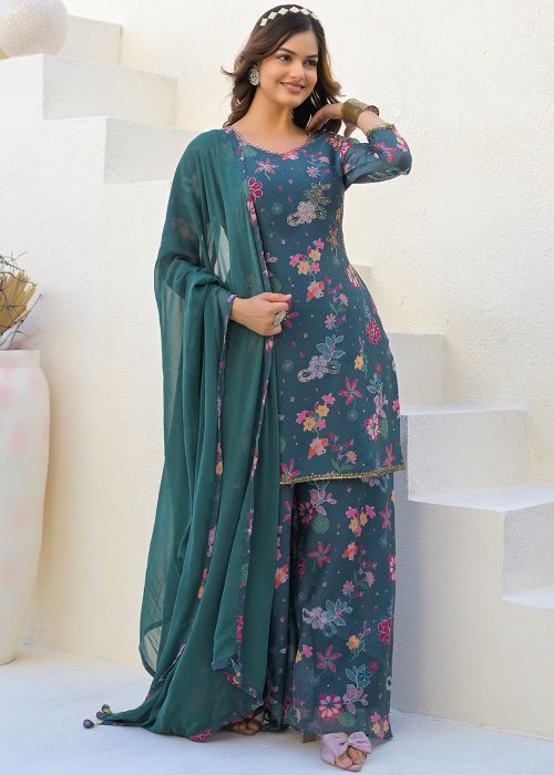 Blue Embroidered Straight Cut Suit Set
