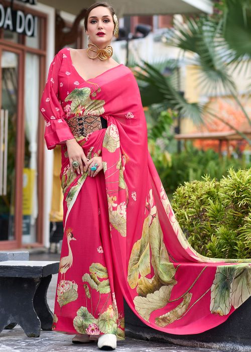 Pink Floral Print Georgette Saree