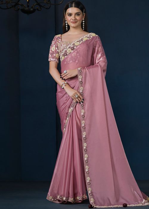Pink Embroidered Saree In Satin