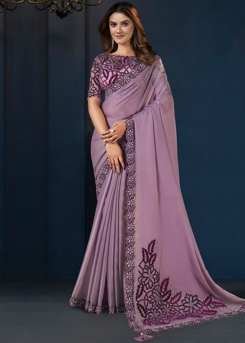 Purple Sequins Work Saree In Crape