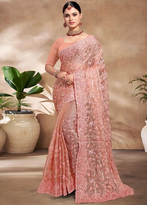 Peach Thread Embroidered Organza Saree