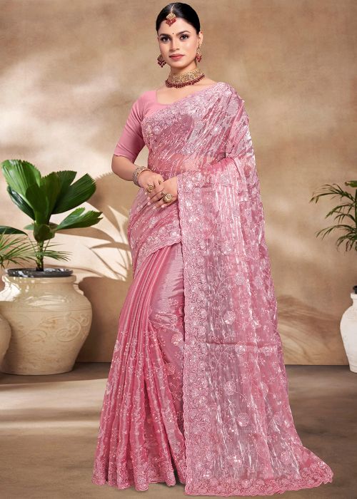 Peach Organza Saree In Thread Embroidery
