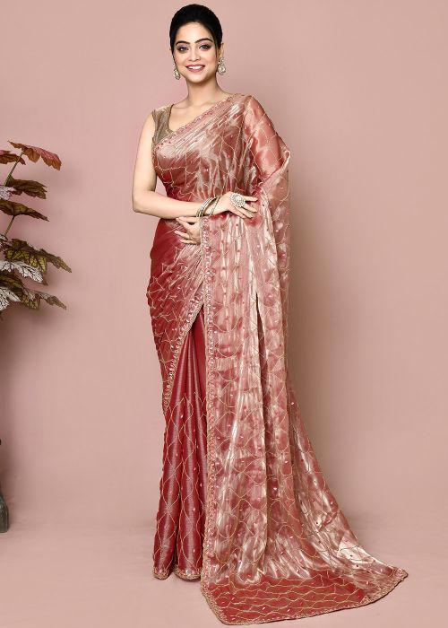 Brown  Hand Work Saree In Organza