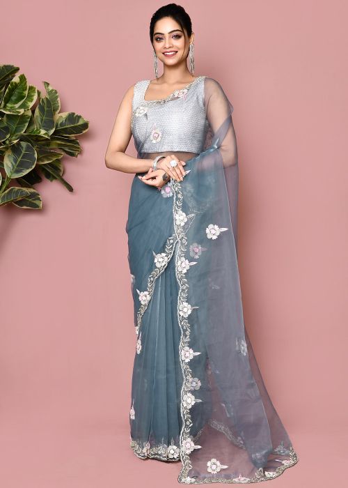 Grey Handwork Organza Saree With Blouse