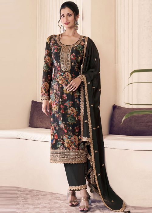 Black Chiffon Floral Print Pant Suit