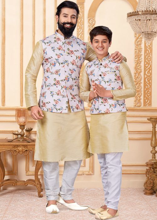 Beige Readymade Kurta Pajama For Father & Son