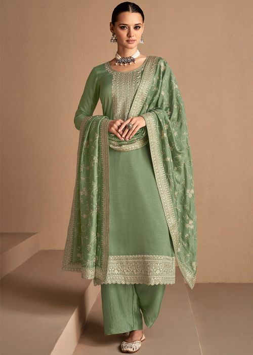 Green Embroidered Art Silk Palazzo Suit & Dupatta
