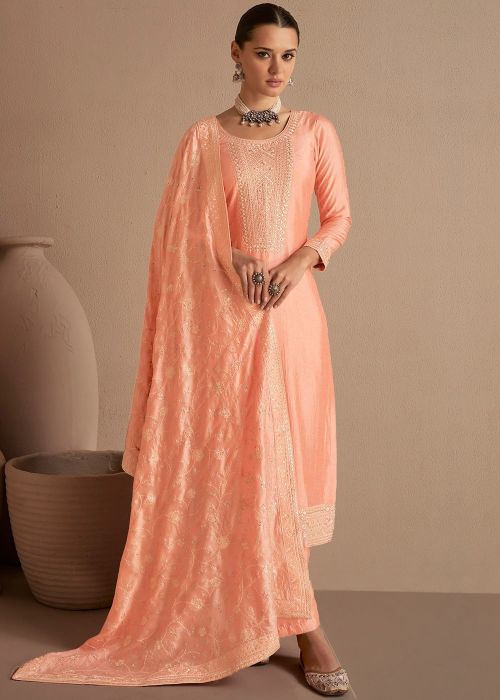 Peach Resham Embroidered Art Silk Palazzo Suit