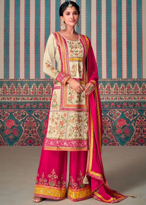 Readymade Beige Embroidered Palazzo Suit