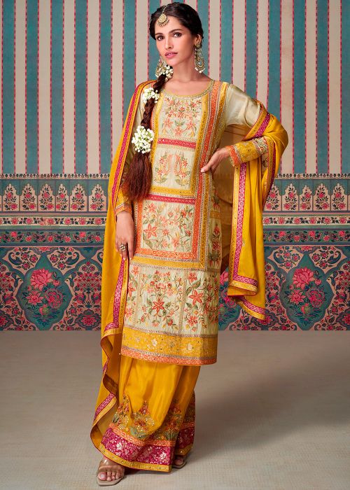 Full Sleeved Beige Embroidered Palazzo Suit